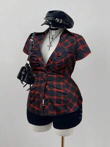 Sunspun 大码格子短袖收腰休闲衬衫 - 彩色 - 查看 5