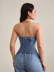 SHEIN Tall 女士时尚性感毛边牛仔抹胸上衣 - 藍色 - 查看 2