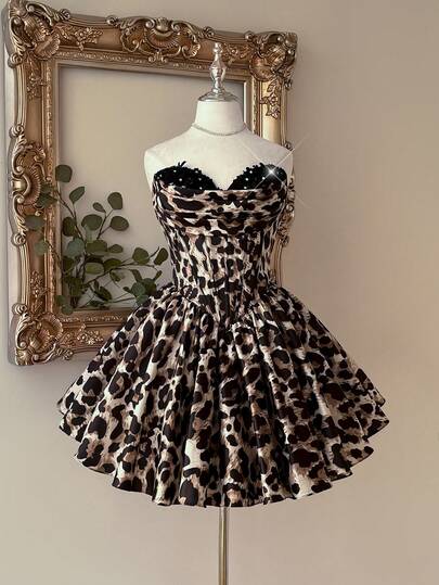 Lovelzi Elegant Luxurious Leopard Print Digital Printing, Handmade 3D Applique Decor. Pleated Bustier With Mermaid Silhouette Short Formal Evening Dress For Women