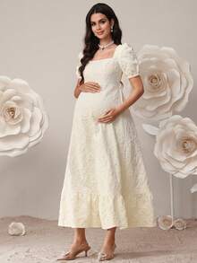 SHEIN Đầm bầu họa tiết hoa jacquard cổ vuông tay phồng thanh lịch - Màu be - Xem 4