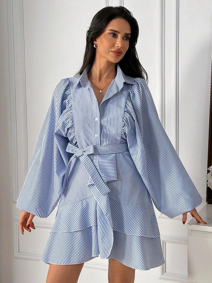 EURMUSE Blue & White Striped Short Dress With Puff Sleeves, Bow Tie Belt, And Ruffle Hem - Blue - View 1