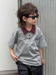 Dazy Kids Young Boy Casual Contrast Collar Letter Embroidery Short Sleeve T-Shirt, Summer