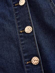 SHEIN MOD Women's Solid Color Front Button Camisole And Denim Skirt Casual Suit - Dark Wash - View 8