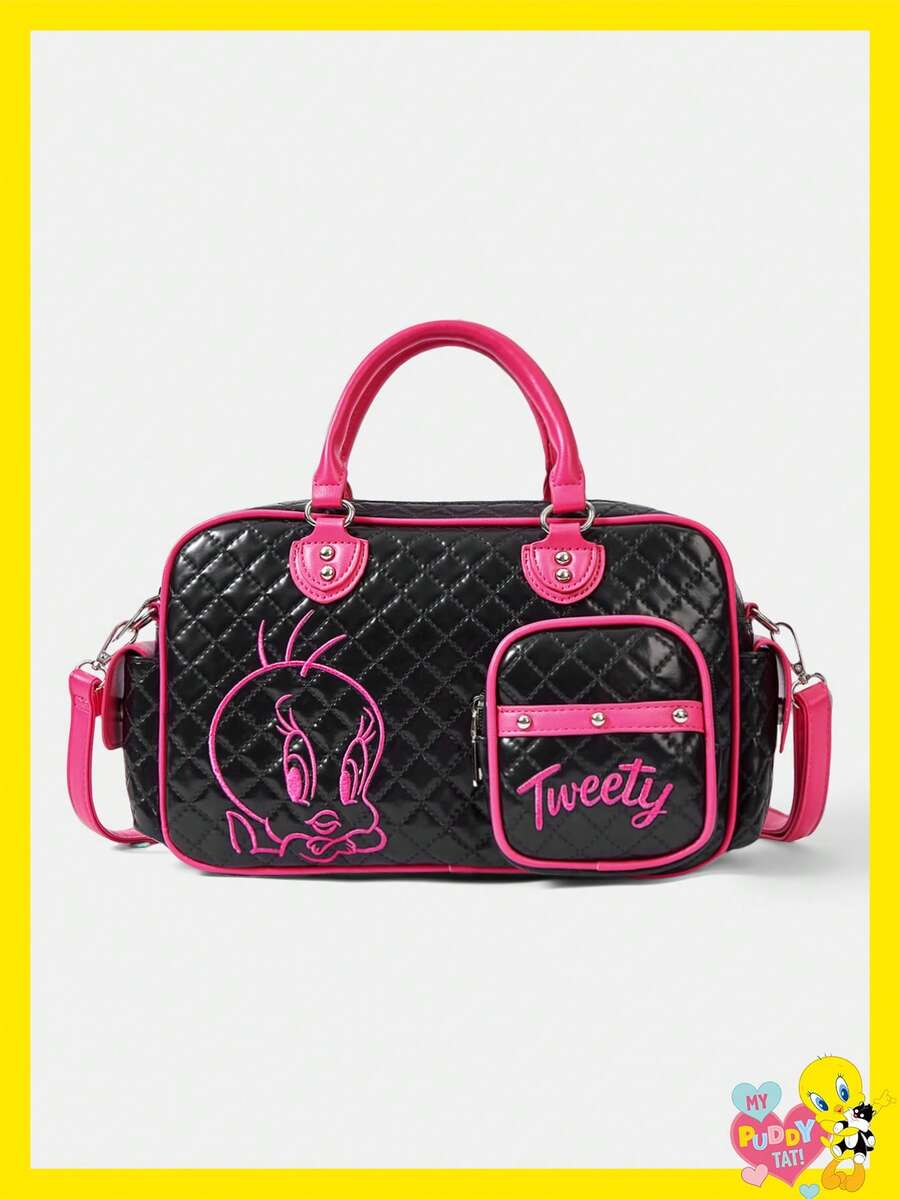 LOONEY TUNES X SHEIN 可爱辣妹PU绗缝手提包，千禧萝莉软妹托特包，单肩斜挎包 - 黑色配玫紅 - 查看 1