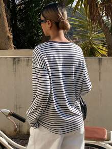 Livesso Women's Striped Round Neck Button Half Placket Casual Versatile Commuting Long Sleeve T-Shirt - Navy Blue - View 2