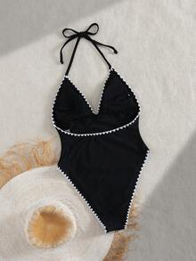 Bonvoyette Elegant Solid Color V-Neck Contrast Trim Decorated One-Piece Swimsuit, Spring/Summer