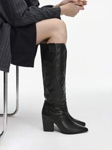 Mnmlis Women's Fashion Versatile Commute Chunky High Heel Over-The-Knee Boots For Christmas - Black - View 4