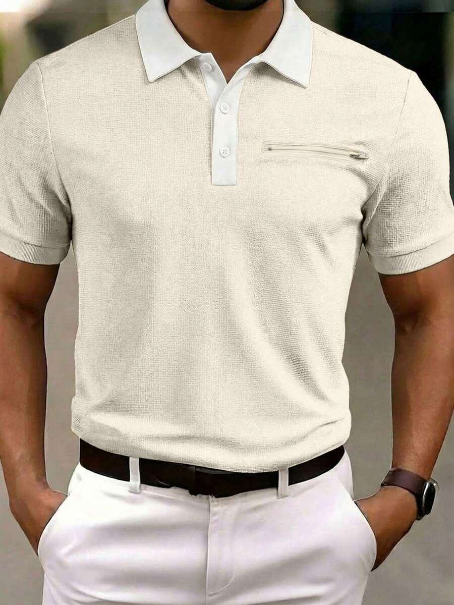 Manfinity Mode 男士撞色短袖休闲通勤Polo衫,男士复古风,日常休闲、周末旅行、户外活动、探险旅行、轻松的工作环境或半正式场合,男友/丈夫礼物,周年纪念/生日礼物,派对、夏季假期、婚礼、春夏、狂欢节,现代男士奶油色短袖Polo衫,侧拉链口袋设计,男士高尔夫球衫,男士纽扣Polo衫,奶油色男士上衣,男士夏季Polo衫 - 米色 - 查看 1