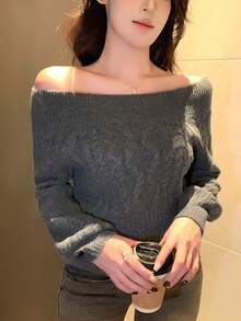 DAZY Women's Elegant Cropped Off-Shoulder Cable Knit Sweater