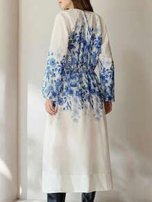 Aveloria Modichic Vestido largo de manga larga para mujer con estampado floral azul, cuello en V, abotonado sencillo, cintura ceñida, elegante, bohemio y romántico para vacaciones - Multicolor - Ver 4
