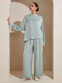 Graceveil 两件套优雅橄榄绿长袖女装 - 綠色 - 查看 4