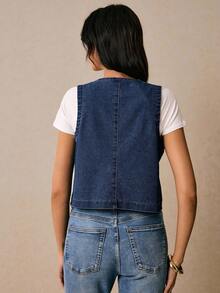 Poéselle Women's Denim Tops Embroidered Vest Denim Vest Blue Vest Boho Women's Denim Jacket Women's Floral Embroidery Fashion Open Front Denim Vest Jacket Summer Tops Women Tops Summer Women Clothes Off Shoulder Top Y2k Country Concert Outfit Cute Summer Tops Festival Clothes - Dark Wash - View 3