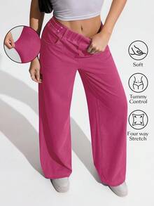 Flexra Plus Size Women Casual Elastic Waist Loose Wide Leg Jeans - Hot Pink - View 1