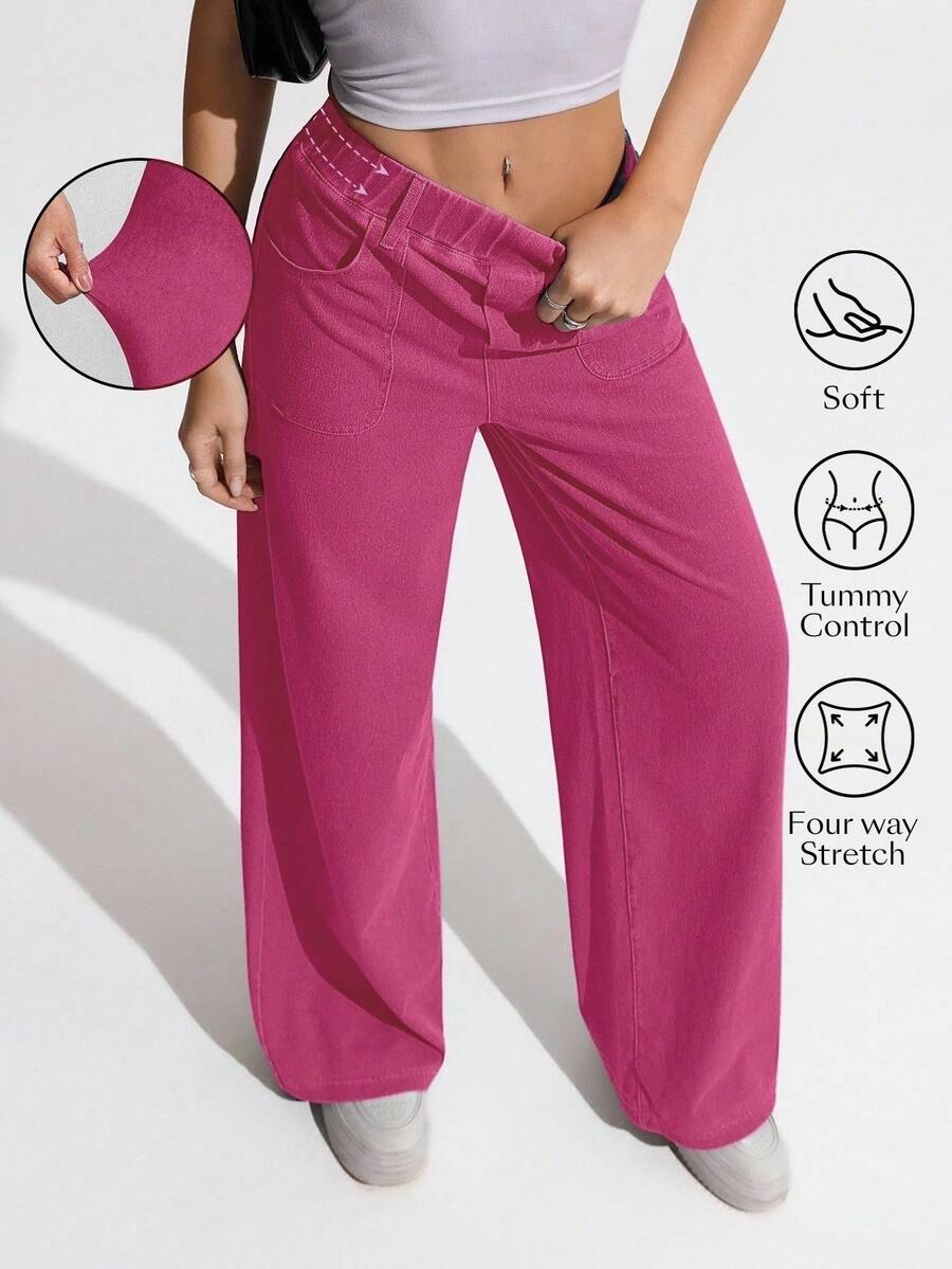 Flexra Plus Size Women Casual Elastic Waist Loose Wide Leg Jeans - Hot Pink - View 1