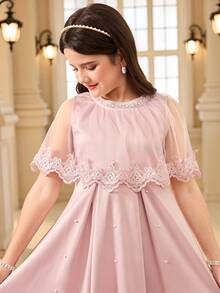 Tween Girl Round Neck Mesh Patchwork Pleated Elegant Dress - Pink - View 2