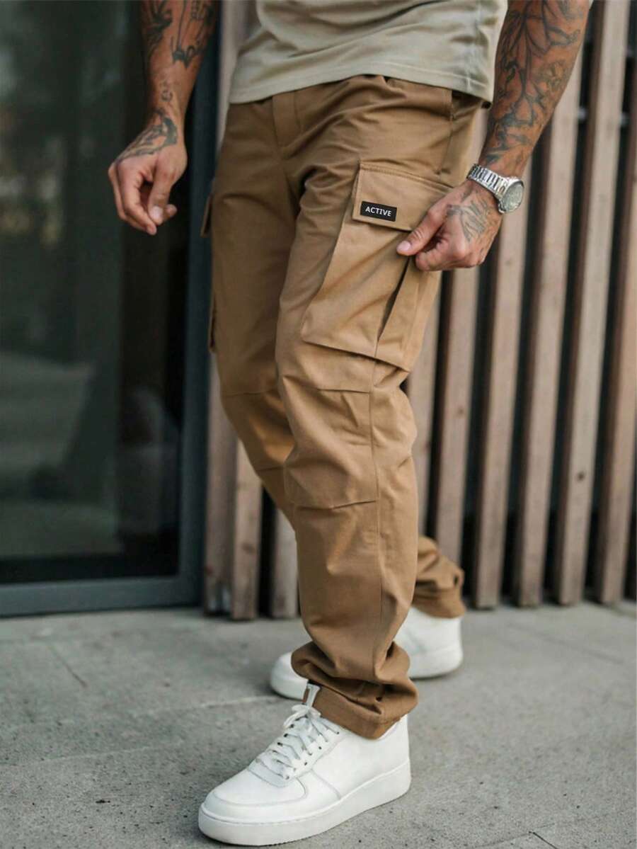 Manfinity Homme Plus Size Men's Black Multi-Pocket Cargo Pants, Casual Straight-Leg Trousers - Khaki - View 1