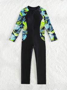 SHEIN 少女碎花印花拉链长袖连体泳衣，适合夏季穿着 - 彩色 - 查看 5