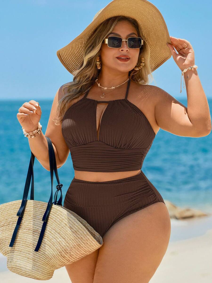 SHEIN Swim 2026新款夏季度假大码套装,优雅连体泳衣,带罩衫和裙子,热带棕榈树印花,适合派对、约会、新年、海滩度假等场合。 - 咖啡棕 - 查看 1