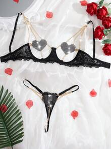 Conjunto de lencería negra fantasía con corazones de strass y tela de punto transparente, para salir - Negro - Ver 2