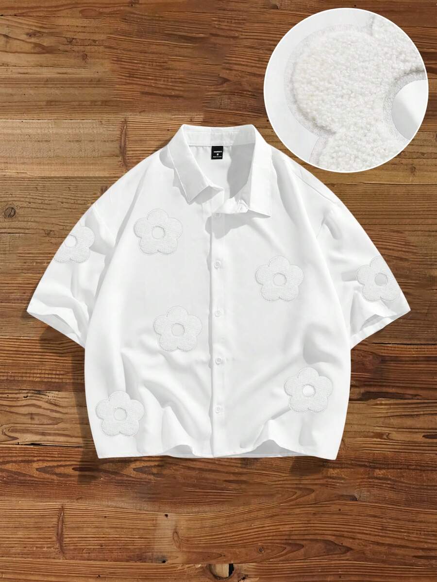 Manfinity Joysei Standard Size Men's Fashion Floral 3D Embroidered White Loose Short Shirt - White - View 1