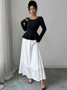 SHEIN Franclia فستان أنيق باللونين الأسود والأبيض بتصميم تكتيل الألوان وتفاصيل من الدانتيل والخرز على الهامة، بطراز فرنسي، للربيع المبكر - الأسود - مشاهدة 5