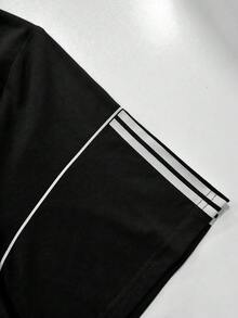 ROMWE MEN Men's Letter & Striped Round Neck Short Sleeve T-Shirt And Drawstring Waist Casual Pants Set - Black - View 7