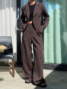 Livesso 2pcs Women Casual Striped Button-Up Top And Cinched Waist Pants Set, Autumn/Winter Lounge Sets For Women - Brown - View 3