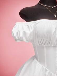 SHEIN ICON 大码女式露肩迷你连衣裙，泡泡袖，纽扣设计 - 白色 - 查看 8