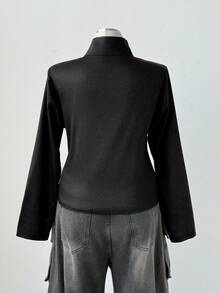 Sunspun 大码女式修身立领复古前卫朋克风印花水钻装饰前拉链夹克卫衣，秋冬款 - 黑色 - 查看 2