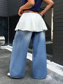 SHEIN ICON Plus Size Women's Loose Wide-Leg Distressed American Streetwear Baggy Jeans - Blue - View 2