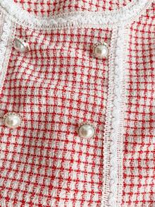 PrepCrw Young Girls' Preppy Style Round Neck Sleeveless Plaid Dress - Red and White - View 4