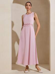 Graceveil V-Neck Ribbon & Feather Patchwork Long Sleeve Flared Women's Arabic Style Outfit Set - Pink - View 7