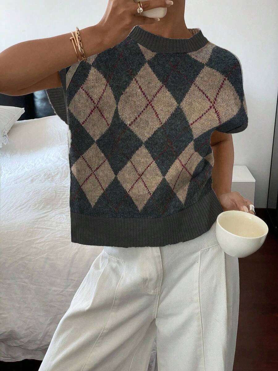 Siren Gaze Áo len nữ dệt kim họa tiết hình thoi, kiểu dáng đơn giản và thời trang, thích hợp mặc hàng ngày, áo dệt kim hoa văn thủ công, phong cách thường ngày, mùa xuân, có thể mặc ngoài/trong nhà, áo len mùa hè, áo len Giáng sinh. - Nhiều màu - Xem 1