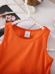 SHEIN Cute Babygirl Pink Knitted Sleeveless Romper For Summer - Orange - View 4