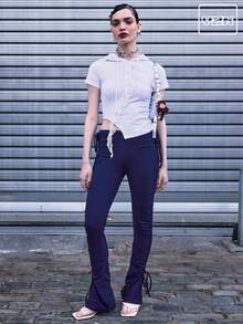 COUREZ Extreme Ruched Flared Trousers /Y2K Summer Bottoms Sexy Low Rise Vintage - Navy Blue - View 1