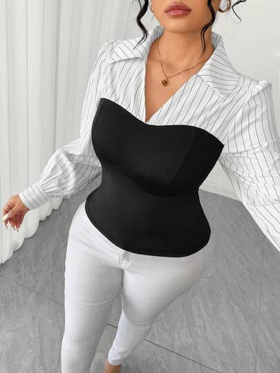 Elenzga Plus Size Women's Spring/Summer Striped Patchwork Elegant Elegant Fashion Slim Fit Waist Cinched V-Neck Long Sleeve Blouse, Suitable For Casual, Office, Commute, Shopping