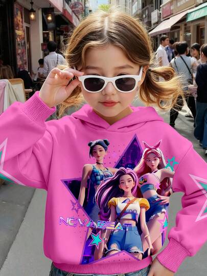 SHEIN KPOP图案印花卫衣，星形元素印花，时尚休闲少女卫衣，适合秋冬季穿着