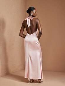 JIAN LASALA Elegant Pastel Pink Satin Halter Neck Tie Backless Sleeves Women Maxi Dress Wedding High Neck Dress Pink Satin Dress Gowns Glamorous Dress Special Occasion Dress Cocktail Dress Elegant Maxi Dress Satin Halter Dress Party Wedding Guest - Pink - View 2