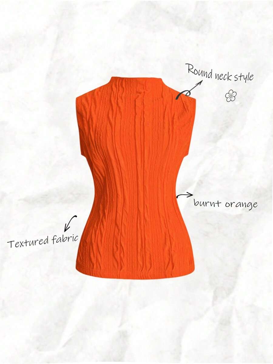 Chiquease Áo camisole cổ đứng ôm dáng, chất liệu vải trơn có họa tiết, thanh lịch. - Màu Cam cháy - Xem 1