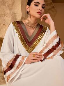 SHEIN Najma Elegant Batik Print Women's Long Sleeve Luxury Dress  Modest Full Length Jalabiya, Casual Long Sleeve Maxi Dress Caftan Dress - White - View 1