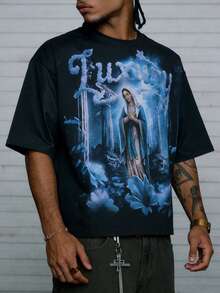 Rovax T-shirt a maniche corte con stampa di estetica religiosa scura, stile streetwear, maglietta nera da uomo con stampa vintage della Vergine Maria in tonalità di blu, vestibilità morbida - nero - Visualizzare 4