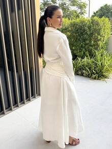 MDEdit Quần áo nữ mùa thu 2025 mới phải có vào mùa thu, Váy sơ mi cài nút màu trắng phong cách Old Money - Tay dài, vải lanh cotton, thoáng khí và thân thiện, có lót và mờ đục, Váy đi làm thanh lịch cho trang phục công sở, đi làm, giáo viên, trang phục hàng ngày, hoàn hảo cho khách dự tiệc cưới mùa thu và đi chơi đêm, thời trang thiết yếu mùa thu 2025 - trắng - Xem 3