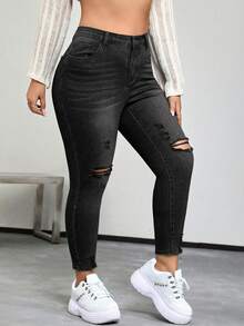 SHEIN EZwear Plus Size Women Pocket Button Distressed Casual Versatile Commute Denim Jeans - Black - View 3