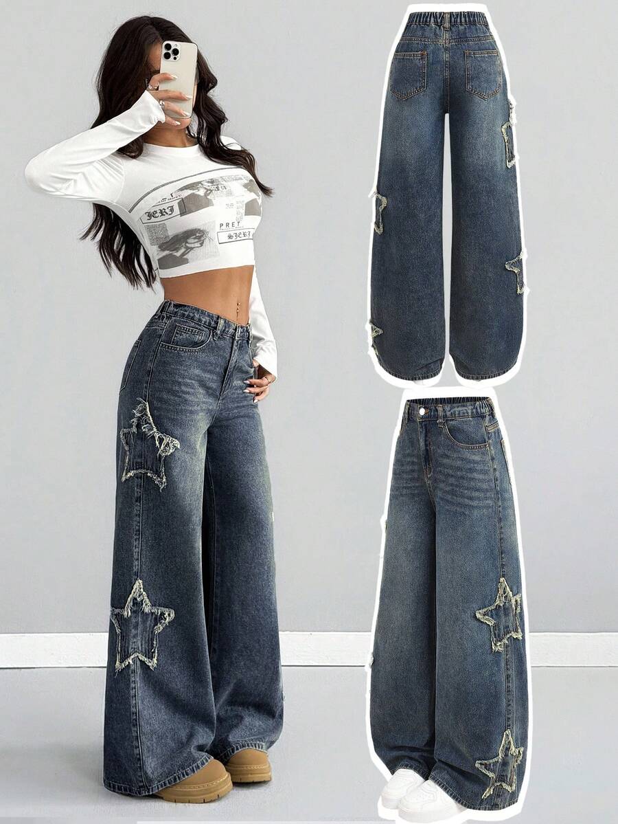SHEIN Thời trang nữ tuổi teen phong cách thường ngày Y2K vintage cá tính đường phố, trở lại trường học, đại học, quần jeans ống rộng dáng suông với tua rua và họa tiết ngôi sao, chất liệu denim xanh mềm mại, thích hợp mặc hàng ngày mùa đông và mùa thu, dự tiệc rave và thời trang đường phố. - Rửa tối - Xem 1