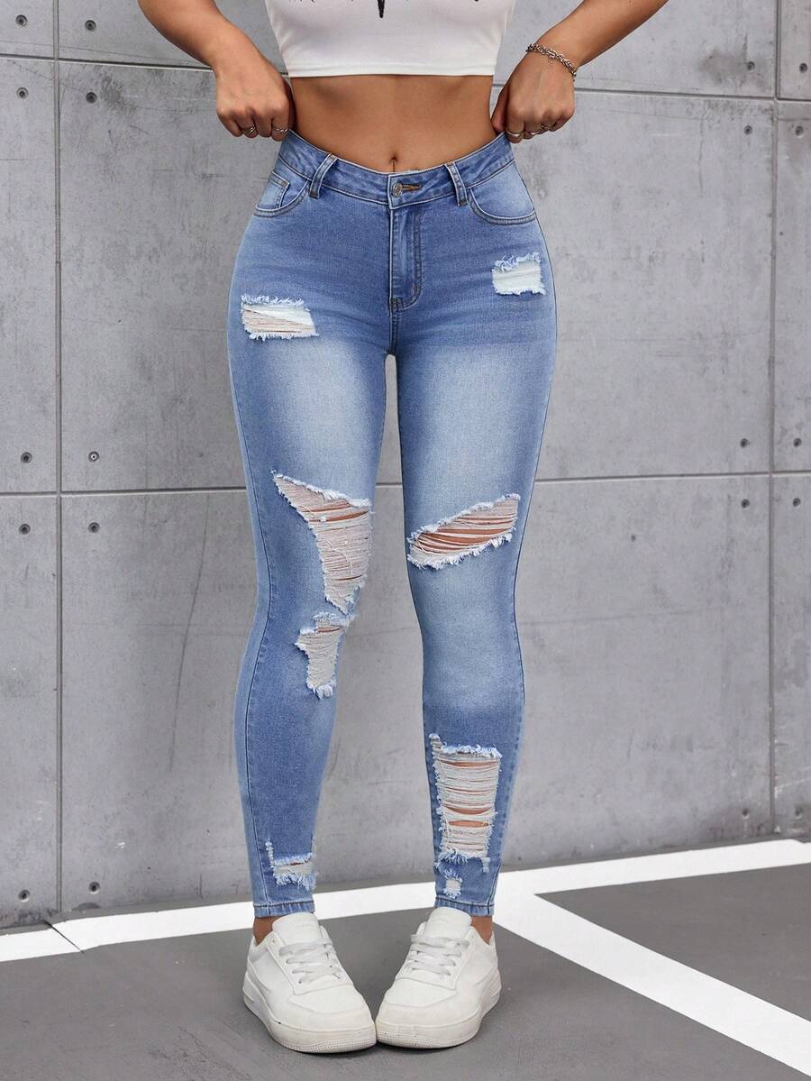 SHEIN Tall Women's Fashionable Versatile Casual Ripped Skinny Jeans - Light Wash - View 1