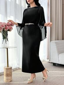 Modelyn Women's Round Neck Rhinestone Decor Mesh Splice Elegant Waist Cinched Long Party Dress - Black - View 3