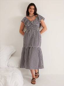 Freevana Đầm dáng chữ A dài, dáng suông, họa tiết kẻ caro đen kiểu Bohemian cổ điển, cỡ lớn, cổ vuông, eo thắt, có túi, xếp lớp, kiểu dáng đồng quê, đa năng, thích hợp cho mùa xuân, giúp tôn dáng. - màu đen - Xem 5