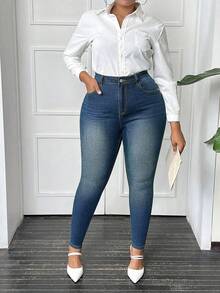 SHEIN SXY Plus Size Women Casual High Waist Skinny Jeans, Versatile & Minimalist - Dark Wash - View 5