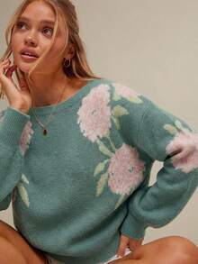 WESTFADE Áo len dệt kim dài tay cổ thuyền họa tiết hoa jacquard phong cách cao bồi miền Tây mùa xuân. - màu xanh lá - Xem 5