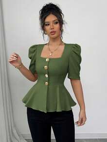Elenzga 女士夏季衬衫，方领，短袖，金属纽扣装饰，破洞拼接下摆设计，收腰，梭织面料，优雅百搭的日常时尚单品 - 軍綠色 - 查看 5